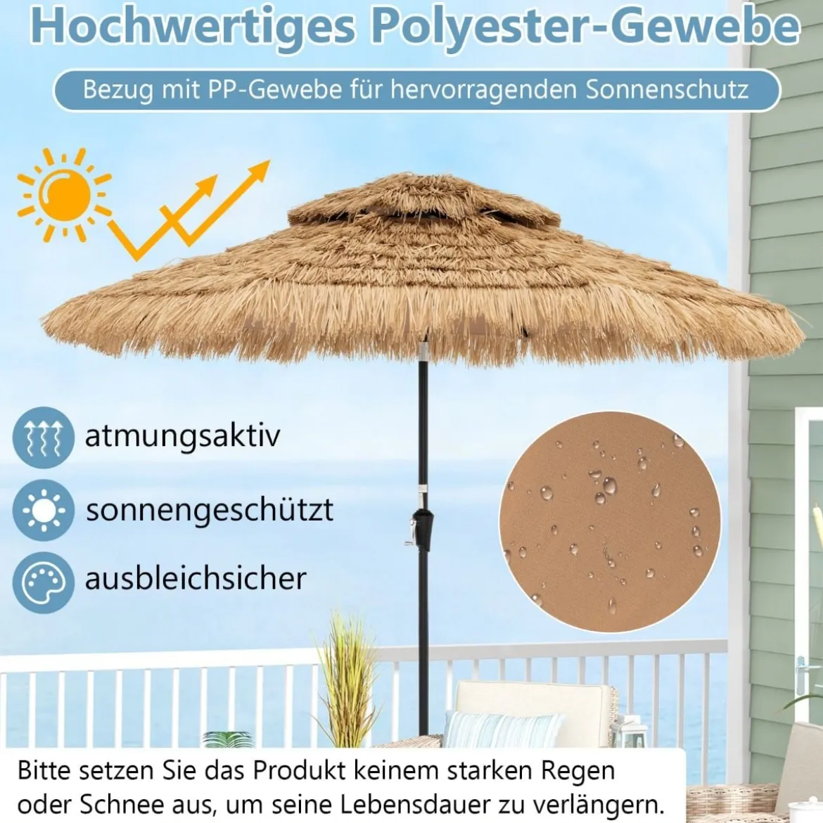Sonnenschirm Hawaii Gartenschirm Stroh 270 cm Strohschirm mit LED-Solar-Beleuchtung und Doppeldach Natur