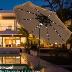 Sonnenschirm Hawaii Gartenschirm Stroh 270 cm Strohschirm mit LED-Solar-Beleuchtung und Doppeldach Natur