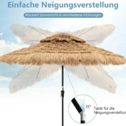 Sonnenschirm Hawaii Gartenschirm Stroh 270 cm Strohschirm mit LED-Solar-Beleuchtung und Doppeldach Natur