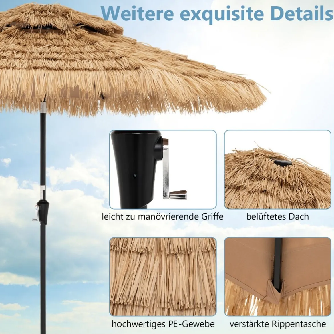 Sonnenschirm Hawaii Gartenschirm Stroh 270 cm Strohschirm mit LED-Solar-Beleuchtung und Doppeldach Natur
