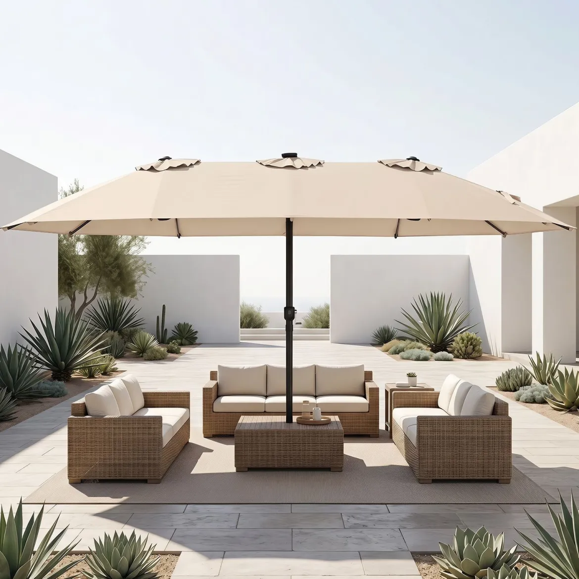 Sonnenschirm 4,5m Doppelseitiger Terrassenschirm mit Ständer & Farbigen Solarleuchten