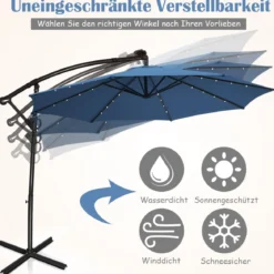Sonnenschirm mit LED-Solar-Beleuchtung Drehbar Ampelschirm für Garten Ø 300 cm Blau