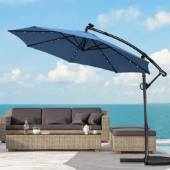 Sonnenschirm mit LED-Solar-Beleuchtung Drehbar Ampelschirm für Garten Ø 300 cm Blau