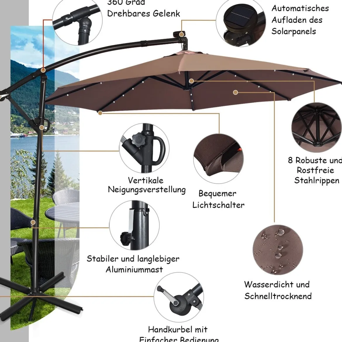 Sonnenschirm mit LED-Solar-Beleuchtung Drehbar Ampelschirm für Garten Ø 300 cm Braun