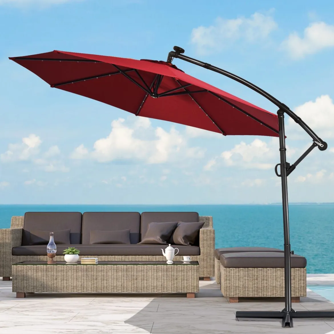Sonnenschirm mit LED-Solar-Beleuchtung Drehbar Ampelschirm für Garten Ø 300 cm Rot