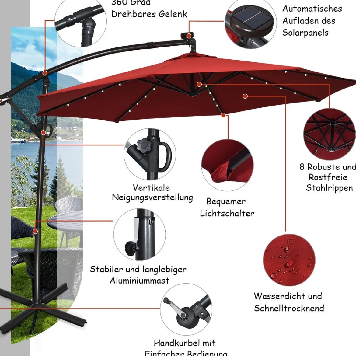 Sonnenschirm mit LED-Solar-Beleuchtung Drehbar Ampelschirm für Garten Ø 300 cm Rot