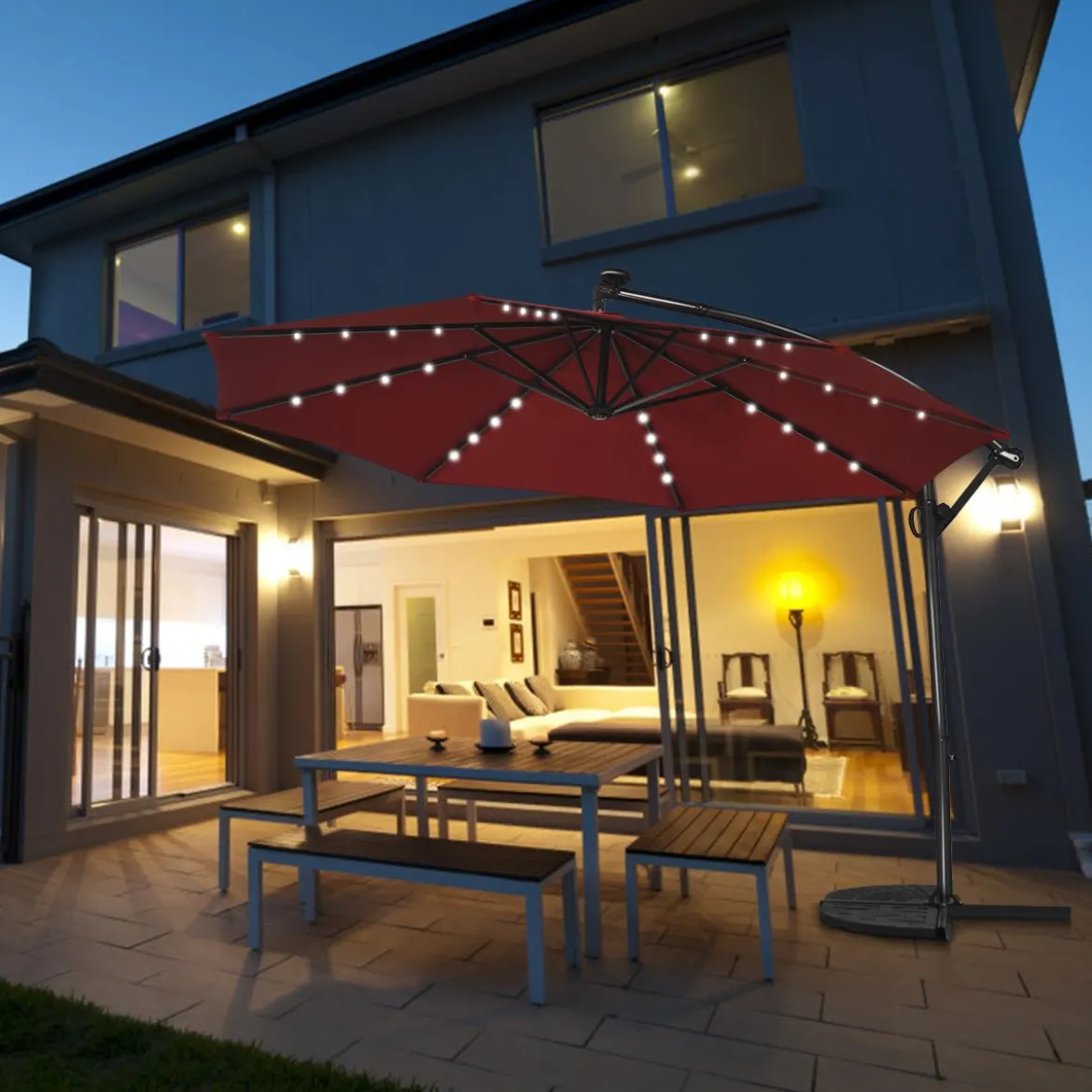 Sonnenschirm mit LED-Solar-Beleuchtung Drehbar Ampelschirm für Garten Ø 300 cm Rot
