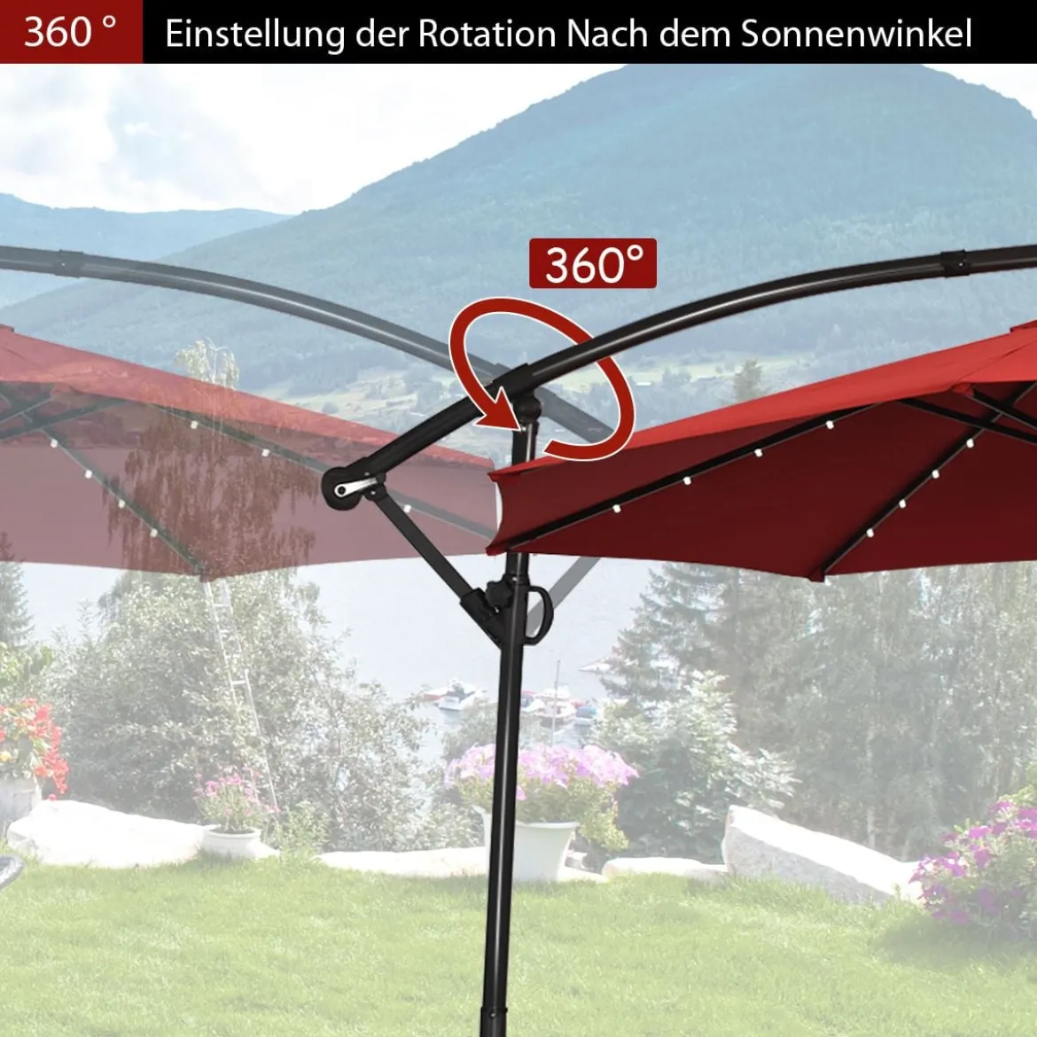 Sonnenschirm mit LED-Solar-Beleuchtung Drehbar Ampelschirm für Garten Ø 300 cm Rot