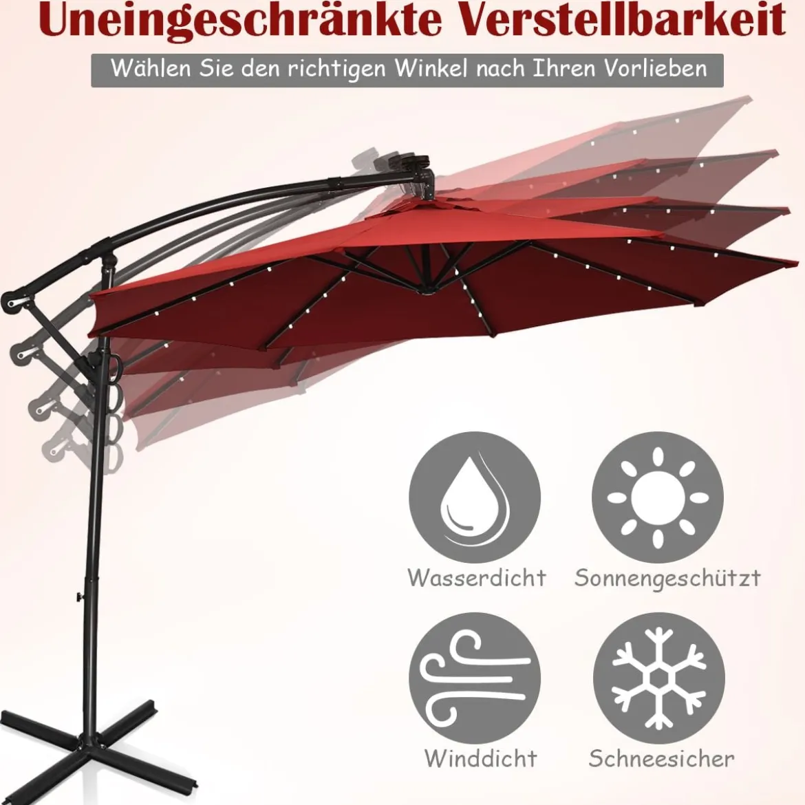 Sonnenschirm mit LED-Solar-Beleuchtung Drehbar Ampelschirm für Garten Ø 300 cm Rot
