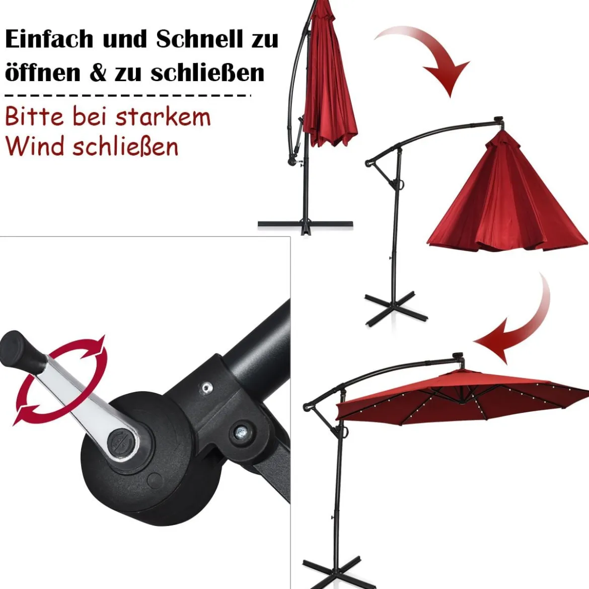 Sonnenschirm mit LED-Solar-Beleuchtung Drehbar Ampelschirm für Garten Ø 300 cm Rot