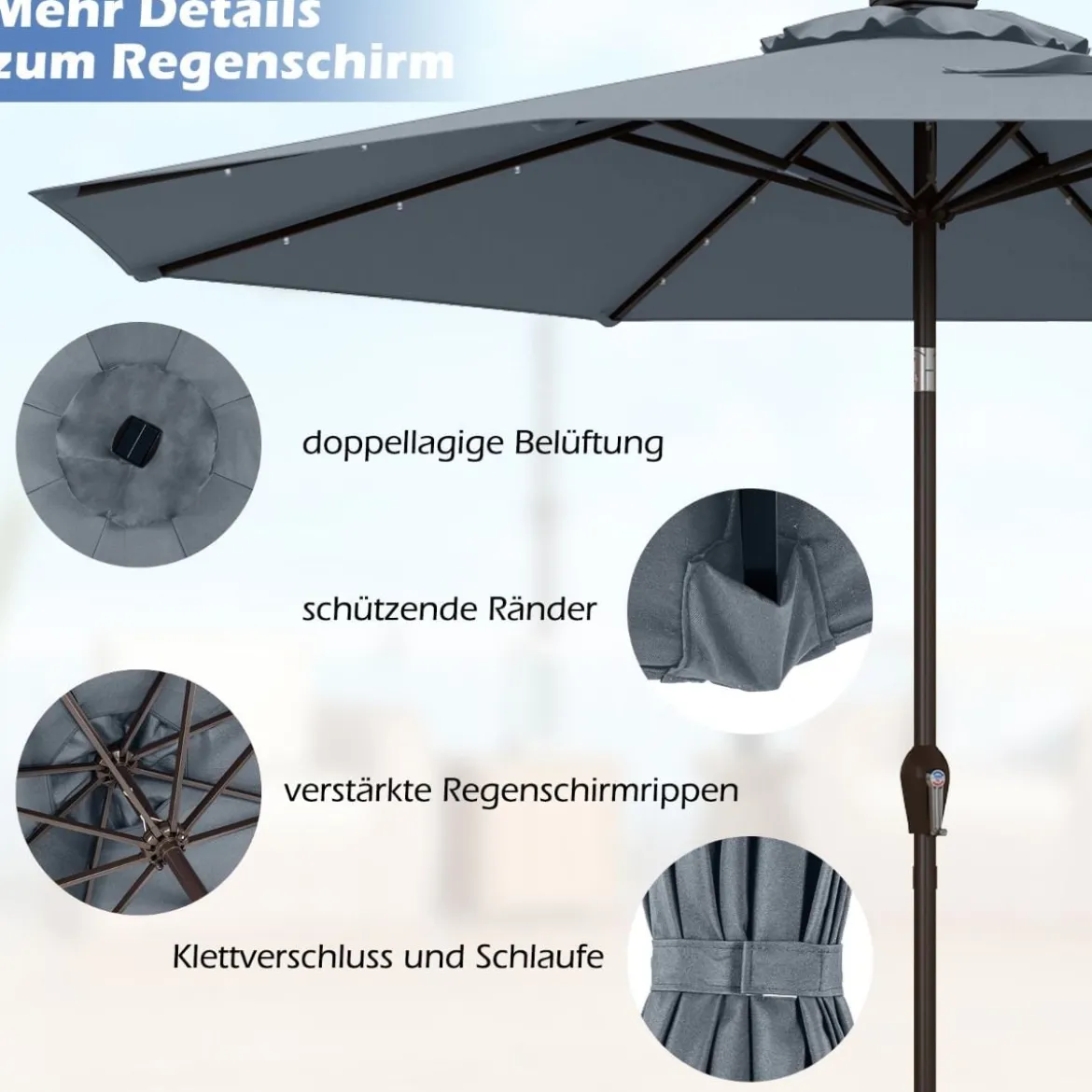 Sonnenschirm mit Solar- LED-Beleuchtung Ampelschirm Gartenschirm 3m