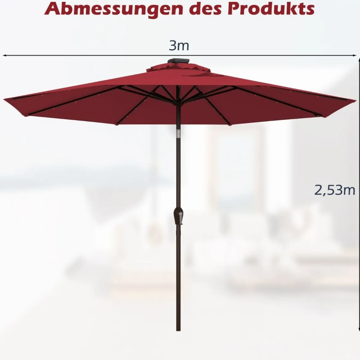 Sonnenschirm mit Solar- LED-Beleuchtung Ampelschirm Gartenschirm 3m