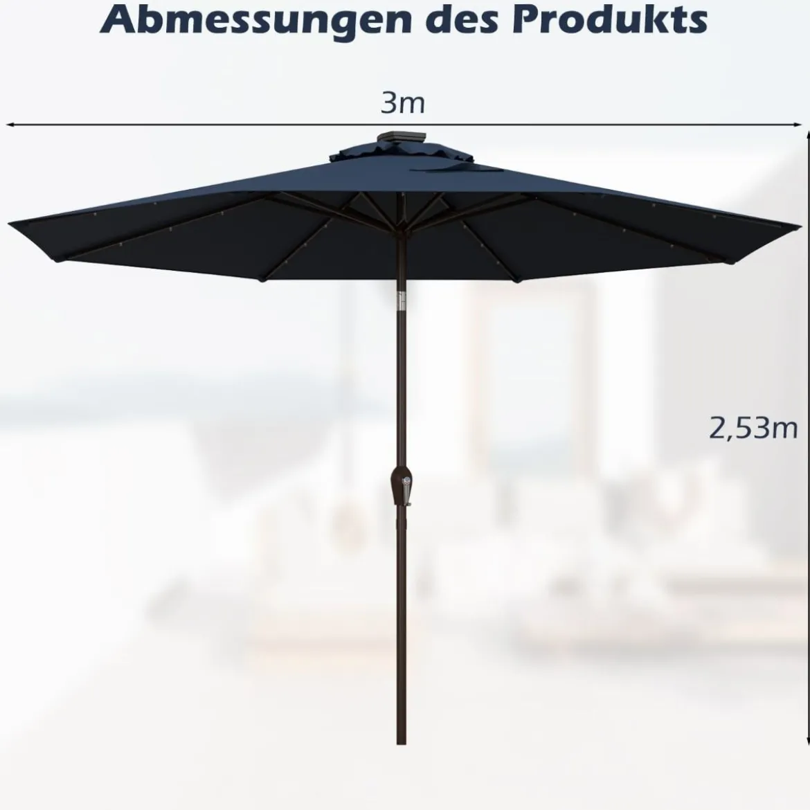 Sonnenschirm mit Solar- LED-Beleuchtung Ampelschirm Gartenschirm 3m