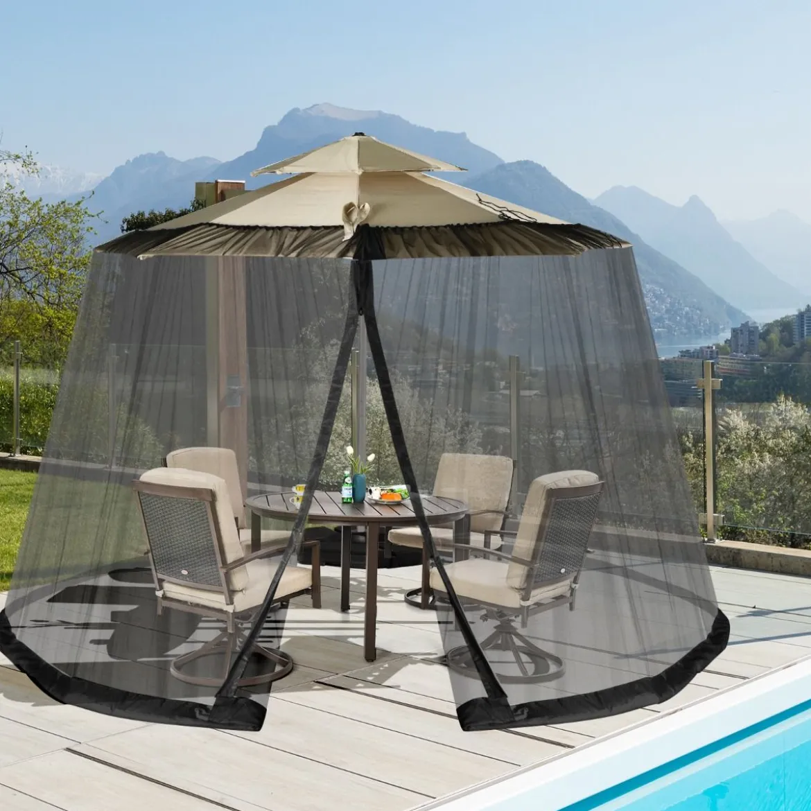 Sonnenschirm Moskitonetz mit 2 Türen und Doppelreißverschluss Sonnenschirm 12,5 x 2,3 m Schwarz