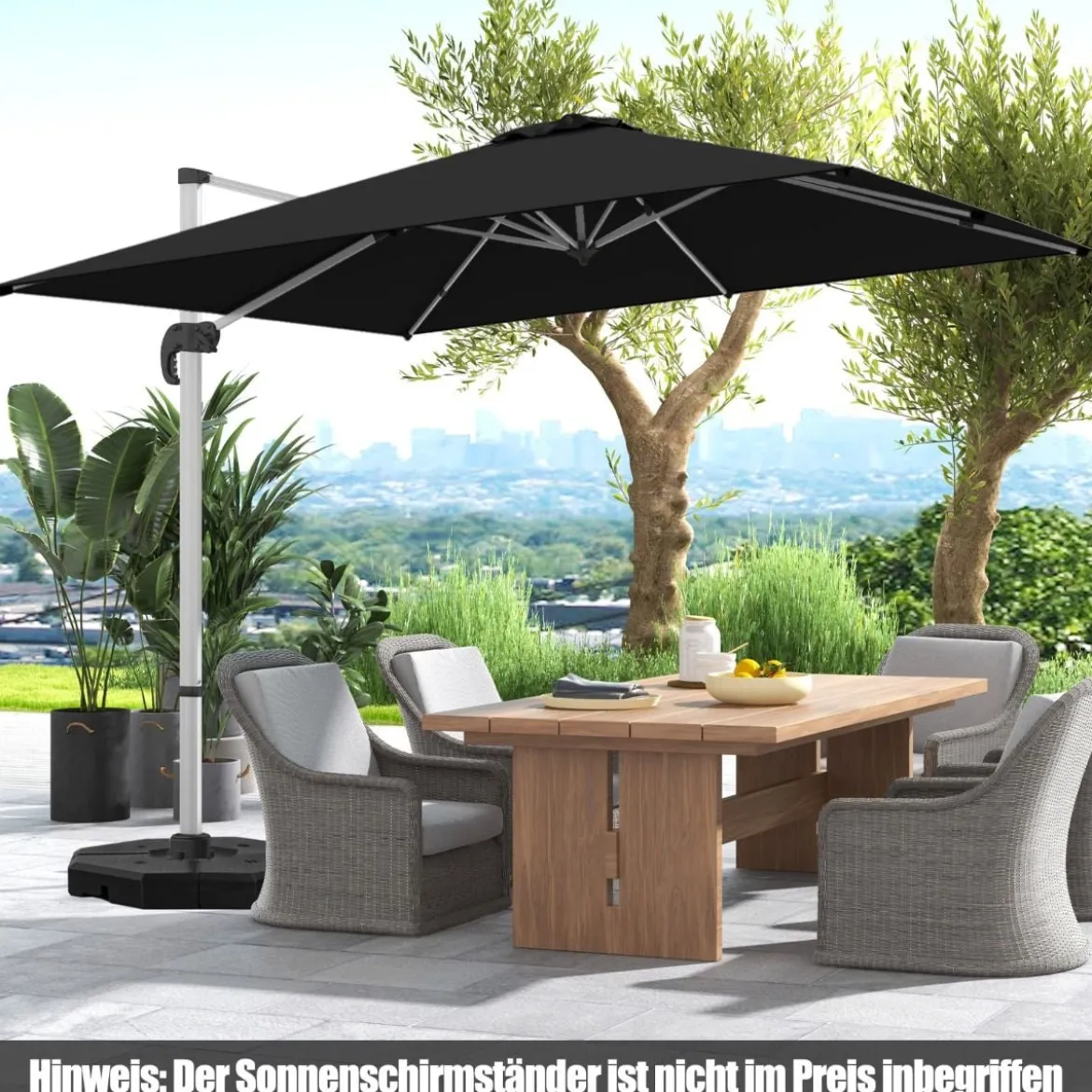 Sonnenschirm rechteckig 300 x 300 cm großer Ampelschirm mit Kurbel Schwarz