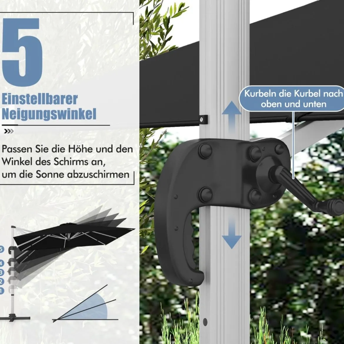 Sonnenschirm rechteckig 300 x 300 cm großer Ampelschirm mit Kurbel Schwarz