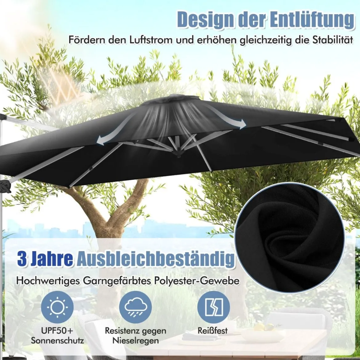 Sonnenschirm rechteckig 300 x 300 cm großer Ampelschirm mit Kurbel Schwarz