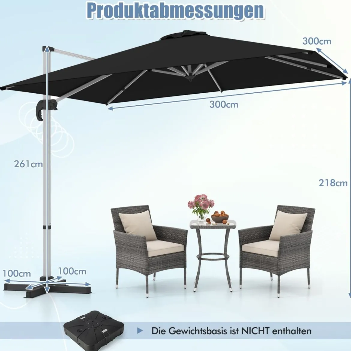 Sonnenschirm rechteckig 300 x 300 cm großer Ampelschirm mit Kurbel Schwarz