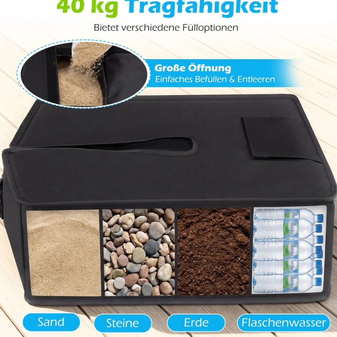 Sonnenschirmständer 40 kg Befüllbar mit Sand Tragbarer Schirmständer Sonnenschirmfuß Schwarz