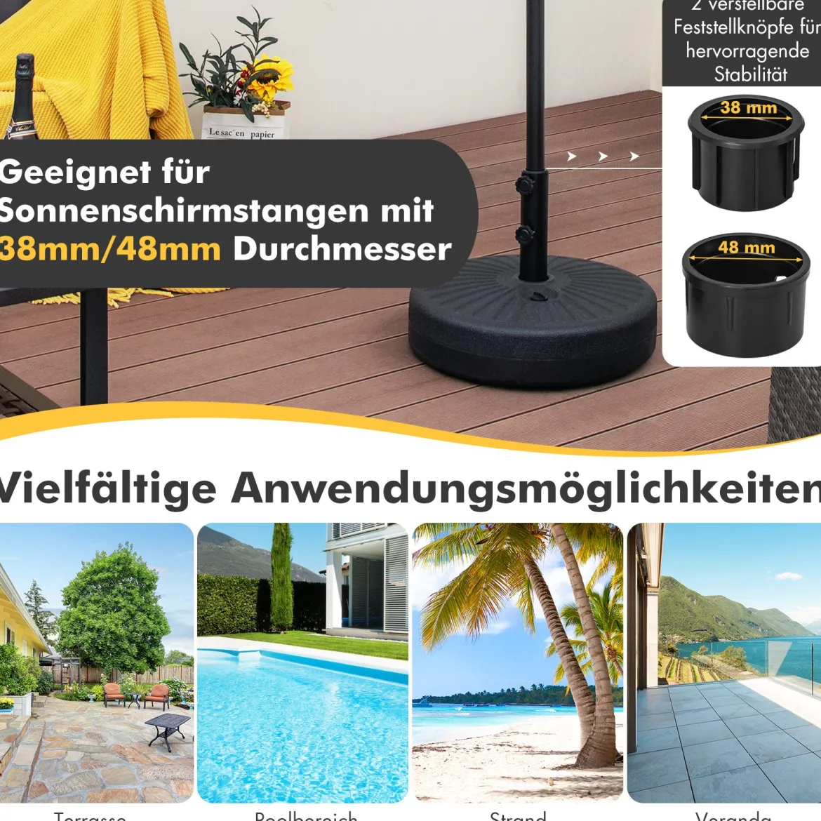 Sonnenschirmständer 19,5 Liter / 23 kg befüllbar mit Wasser Sand Schirmständer für Schirmstangen von 38/48 mm