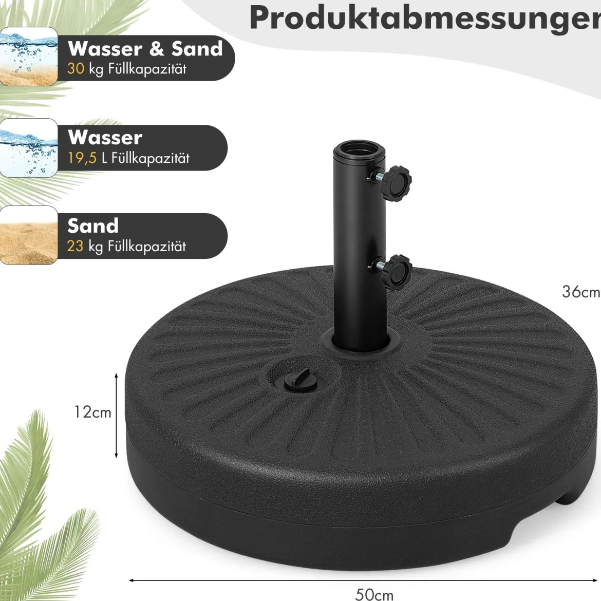 Sonnenschirmständer 19,5 Liter / 23 kg befüllbar mit Wasser Sand Schirmständer für Schirmstangen von 38/48 mm