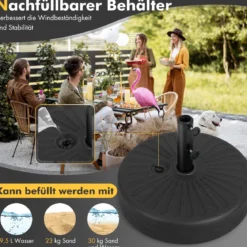 Sonnenschirmständer 19,5 Liter / 23 kg befüllbar mit Wasser Sand Schirmständer für Schirmstangen von 38/48 mm