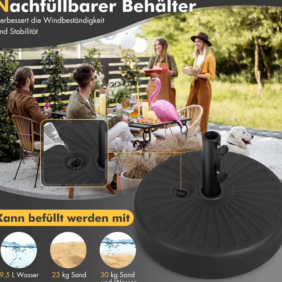 Sonnenschirmständer 19,5 Liter / 23 kg befüllbar mit Wasser Sand Schirmständer für Schirmstangen von 38/48 mm