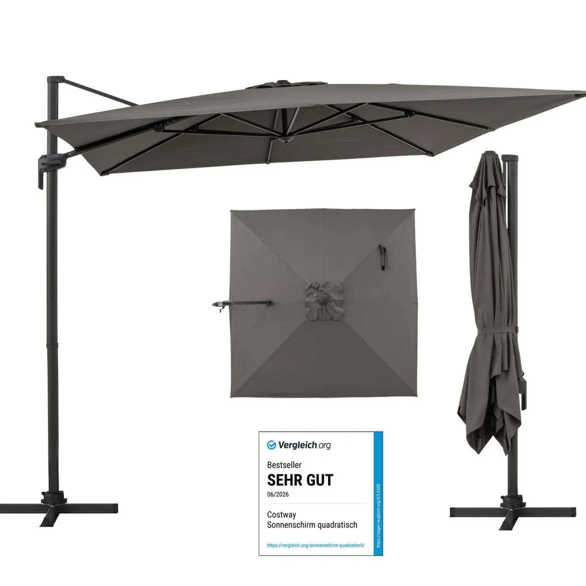 Sonnenschirm 300 x 300 cm Ampelschirm mit Kurbel Gartenschirm neigbar 360° drehbar Anthrazit