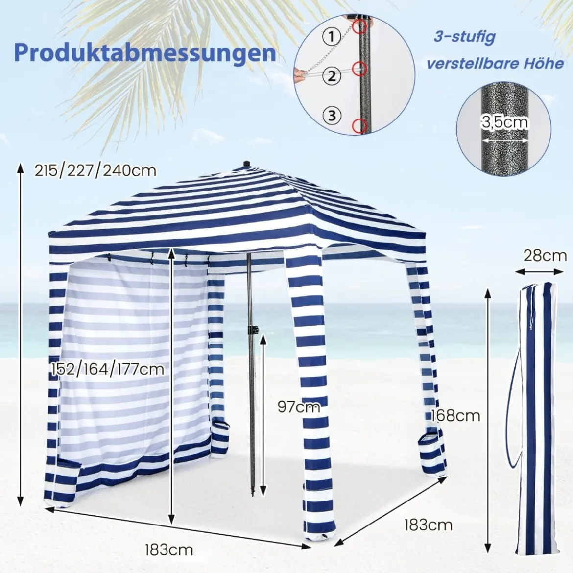 Sonnenschutz mit Abnehmbarer Seitenwand und 8 Sandsäcken tragbares Strandzelt mit Tragetasche 183 x 183 cm