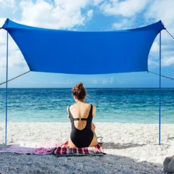Sonnensegel Camping Sonnenschutz mit 4 Sandsäcken und 2 Alustangen Lycra Sonnendach Blau