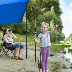 Sonnensegel Camping Sonnenschutz mit 4 Sandsäcken und 2 Alustangen Lycra Sonnendach Blau