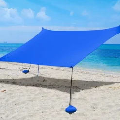 Sonnensegel Camping Sonnenschutz mit 4 Sandsäcken und 2 Alustangen Lycra Sonnendach Blau