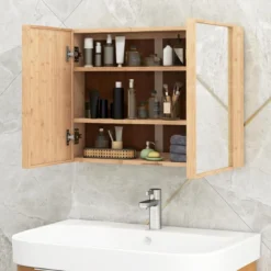 Spiegelschrank aus Bambus Badezimmerschrank mit Spiegel Wandschrank mit 2 Türen Natur