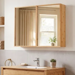 Spiegelschrank aus Bambus Badezimmerschrank mit Spiegel Wandschrank mit 2 Türen Natur