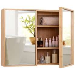 Spiegelschrank aus Bambus Badezimmerschrank mit Spiegel Wandschrank mit 2 Türen Natur