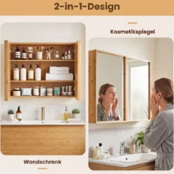Spiegelschrank aus Bambus Badezimmerschrank mit Spiegel Wandschrank mit 2 Türen Natur