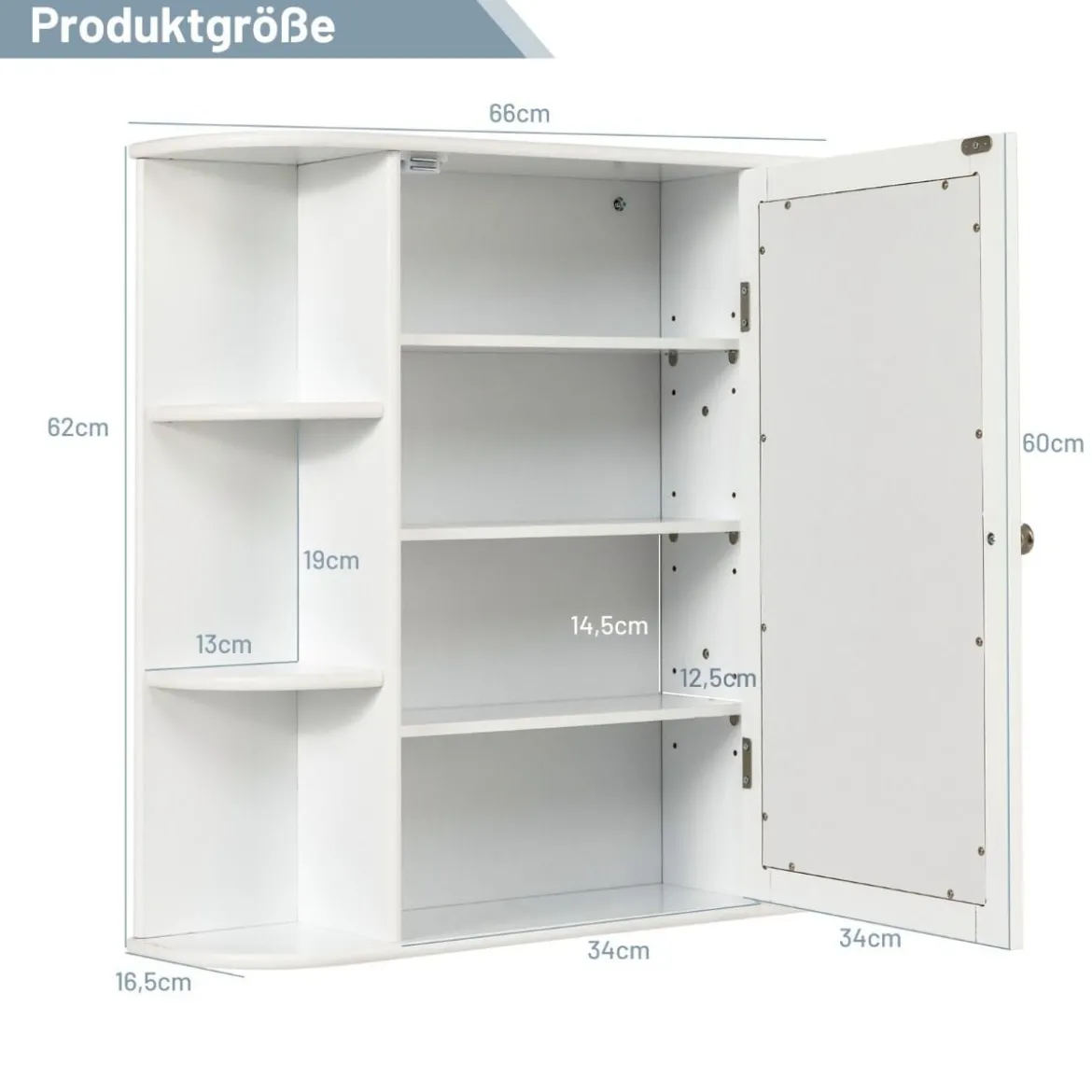 Spiegelschrank Bad 4 Fächer & 6 offene Ablagen Badezimmerschrank mit Spiegel 66 x 17 x 63 cm Schwarz/Braun/Grau/Weiß