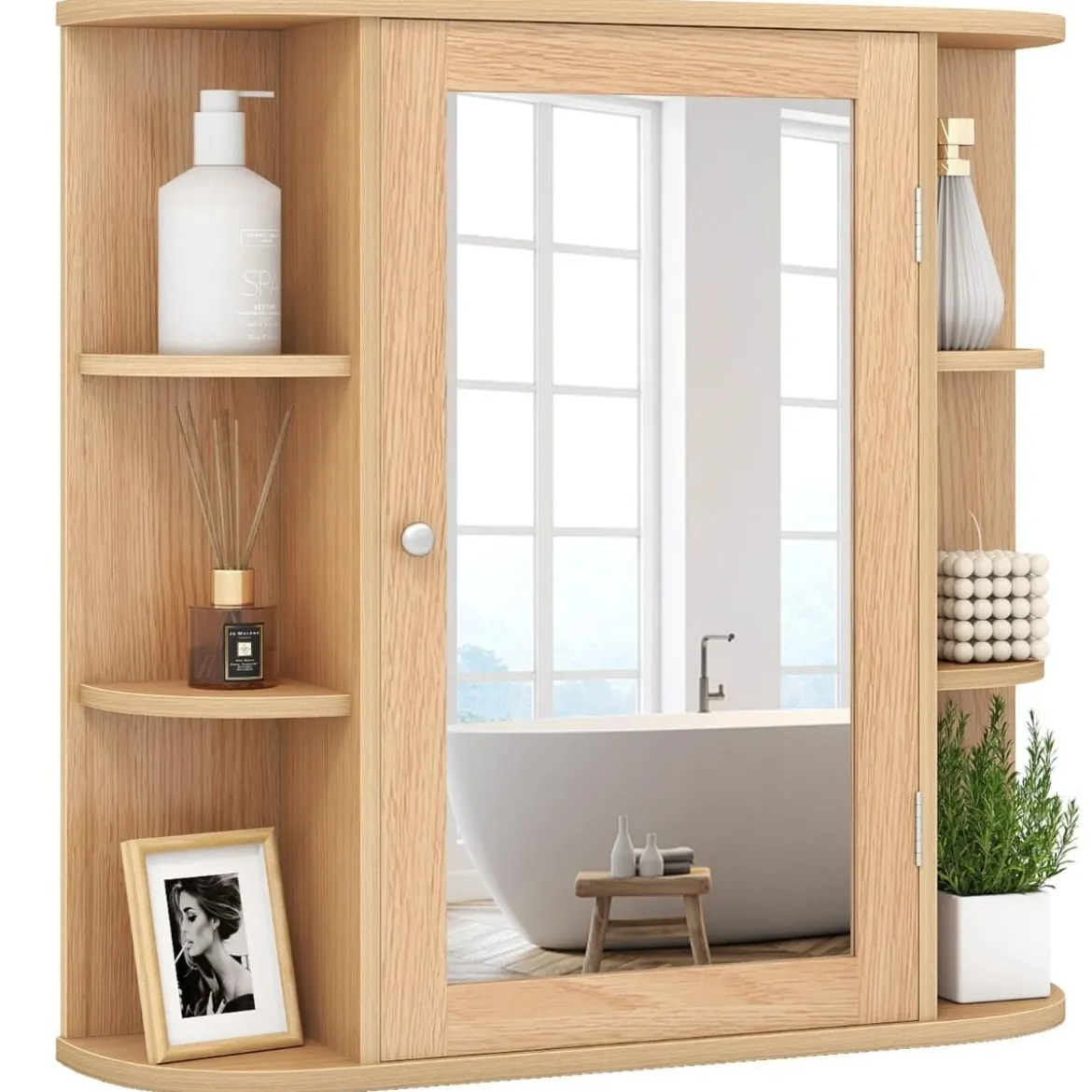 Spiegelschrank Bad 4 Fächer & 6 offene Ablagen Badezimmerschrank mit Spiegel 66 x 17 x 63 cm Schwarz/Braun/Grau/Weiß