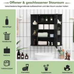 Spiegelschrank Bad 4 Fächer & 6 offene Ablagen Badezimmerschrank mit Spiegel 66 x 17 x 63 cm Schwarz/Braun/Grau/Weiß