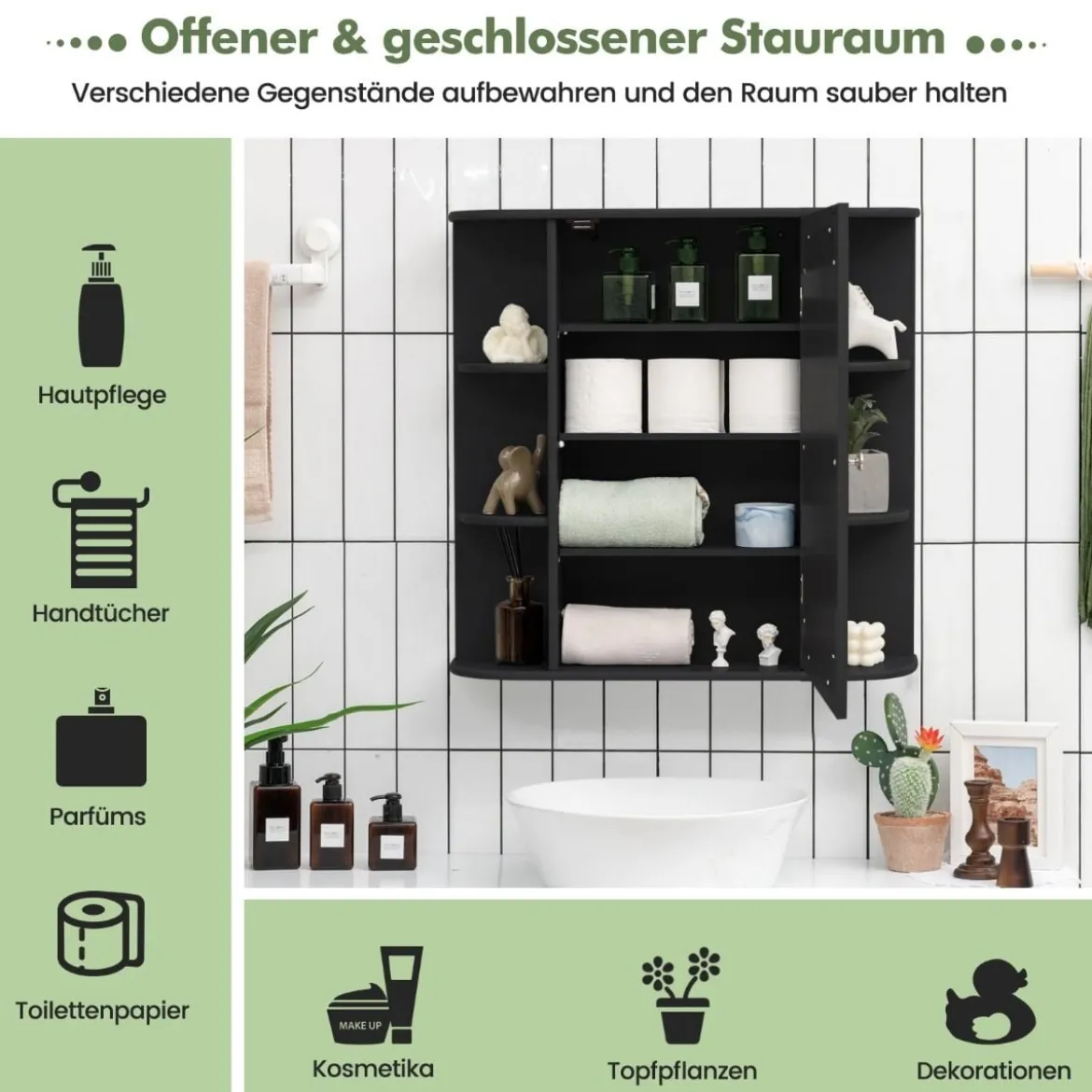 Spiegelschrank Bad 4 Fächer & 6 offene Ablagen Badezimmerschrank mit Spiegel 66 x 17 x 63 cm Schwarz/Braun/Grau/Weiß