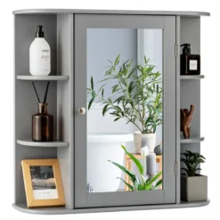 Spiegelschrank Bad 4 Fächer & 6 offene Ablagen Badezimmerschrank mit Spiegel 66 x 17 x 63 cm Schwarz/Braun/Grau/Weiß