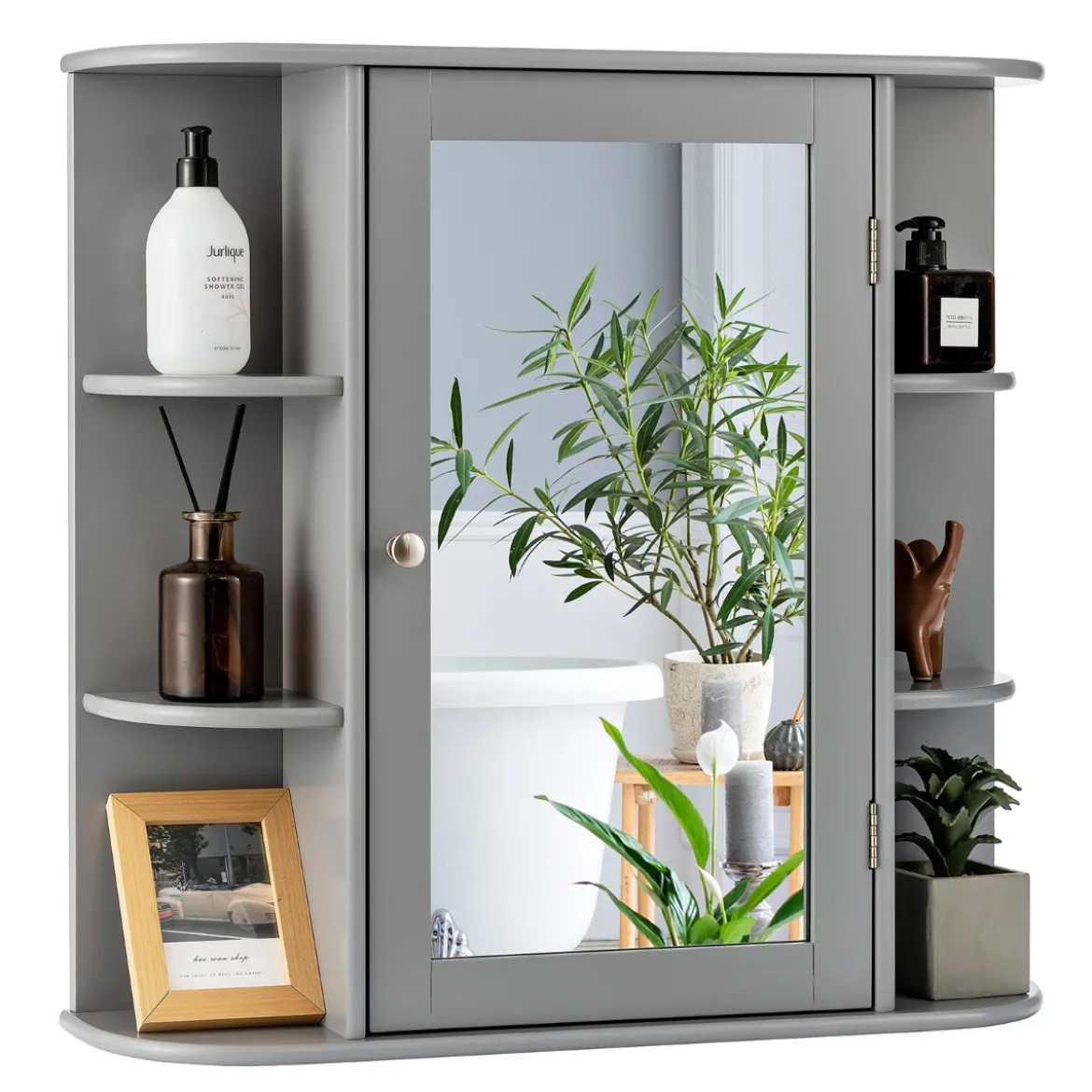 Spiegelschrank Bad 4 Fächer & 6 offene Ablagen Badezimmerschrank mit Spiegel 66 x 17 x 63 cm Schwarz/Braun/Grau/Weiß