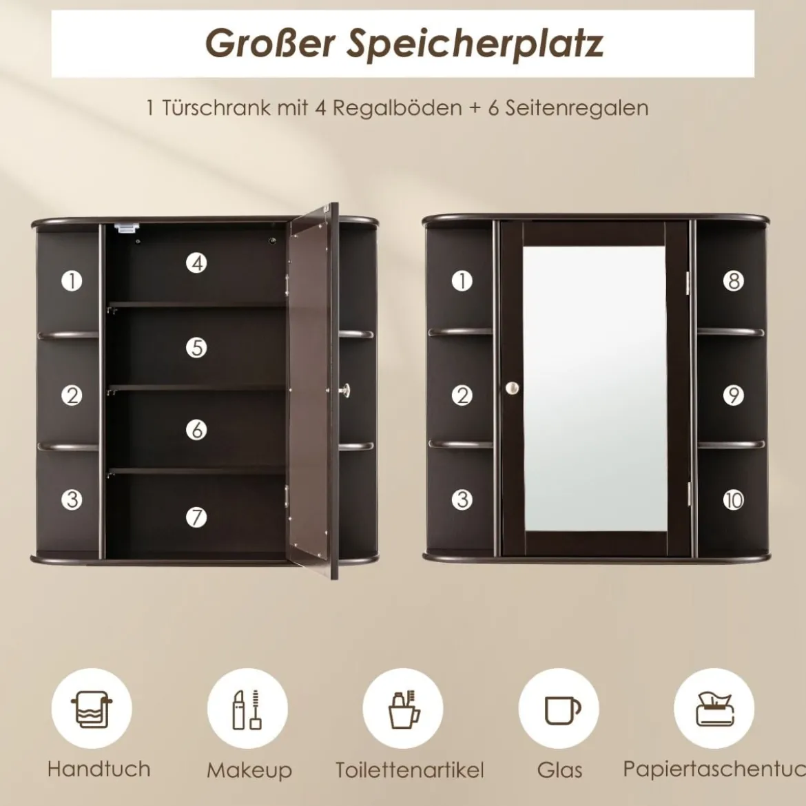 Spiegelschrank Bad 4 Fächer & 6 offene Ablagen Badezimmerschrank mit Spiegel 66 x 17 x 63 cm Schwarz/Braun/Grau/Weiß