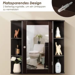 Spiegelschrank Bad 4 Fächer & 6 offene Ablagen Badezimmerschrank mit Spiegel 66 x 17 x 63 cm Schwarz/Braun/Grau/Weiß