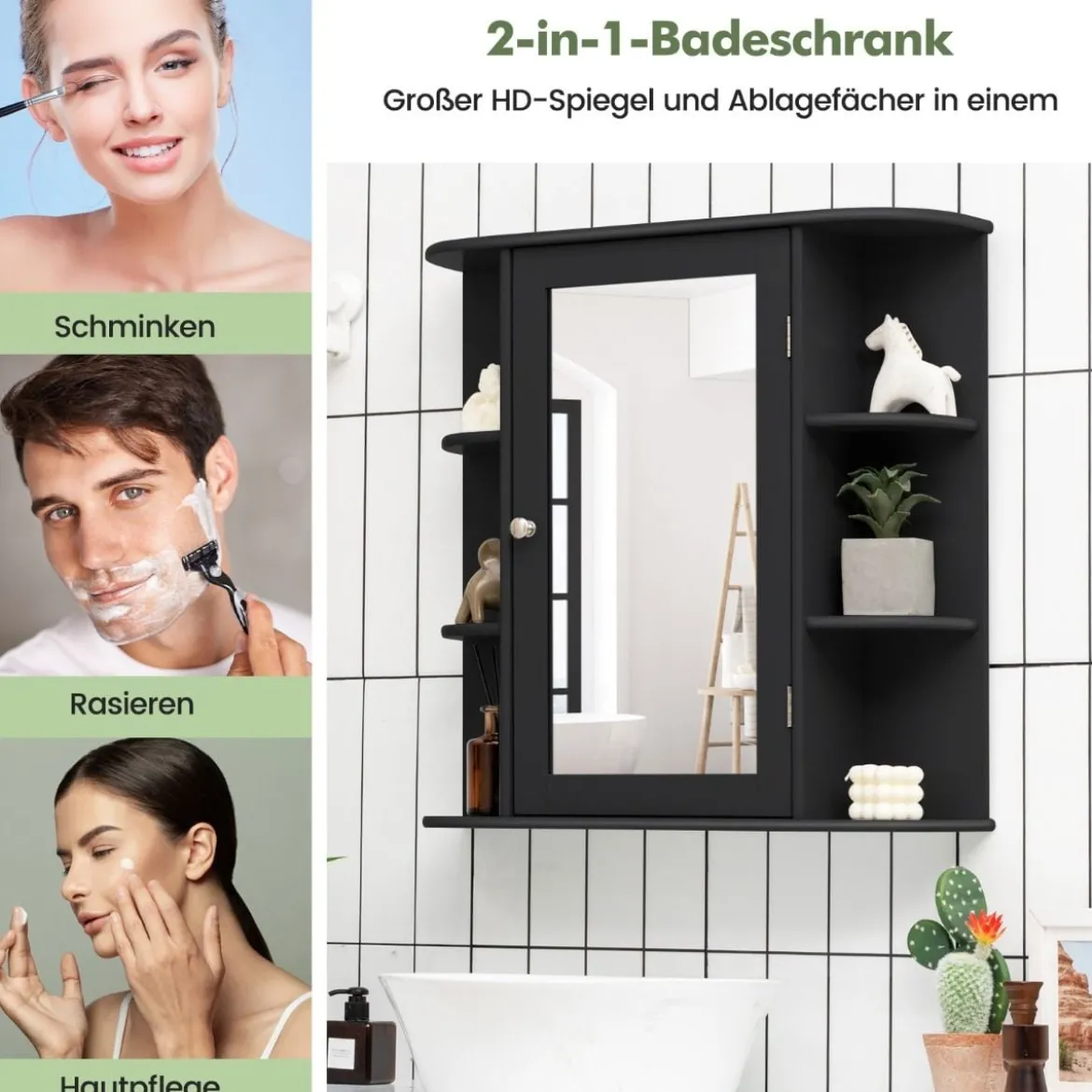 Spiegelschrank Bad 4 Fächer & 6 offene Ablagen Badezimmerschrank mit Spiegel 66 x 17 x 63 cm Schwarz/Braun/Grau/Weiß