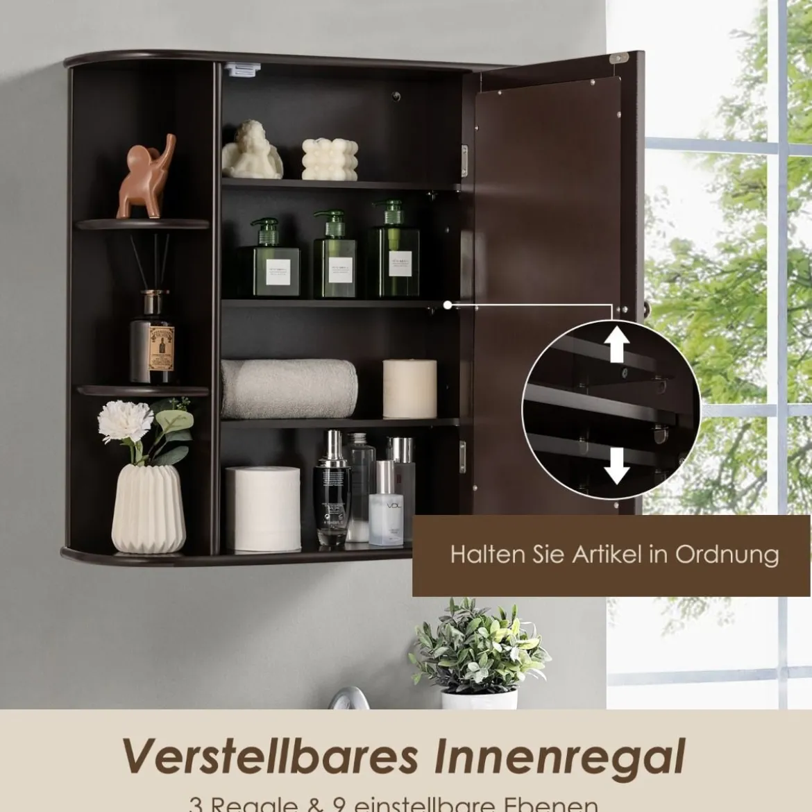 Spiegelschrank Bad 4 Fächer & 6 offene Ablagen Badezimmerschrank mit Spiegel 66 x 17 x 63 cm Schwarz/Braun/Grau/Weiß