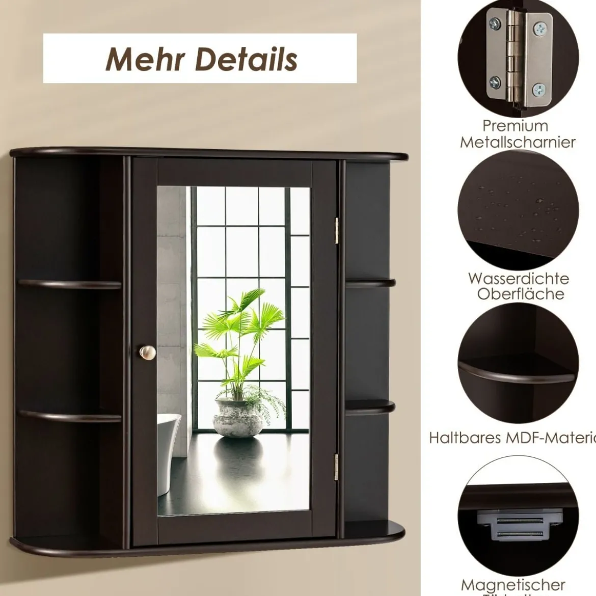 Spiegelschrank Bad 4 Fächer & 6 offene Ablagen Badezimmerschrank mit Spiegel 66 x 17 x 63 cm Schwarz/Braun/Grau/Weiß