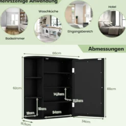 Spiegelschrank Bad 4 Fächer & 6 offene Ablagen Badezimmerschrank mit Spiegel 66 x 17 x 63 cm Schwarz/Braun/Grau/Weiß