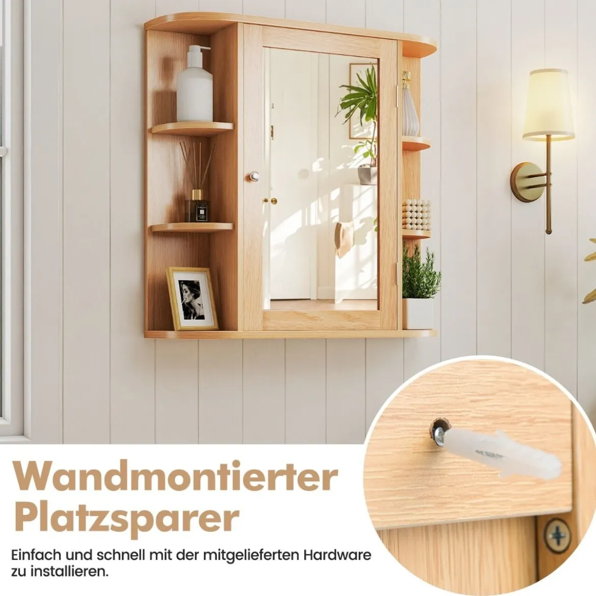 Spiegelschrank Bad 4 Fächer & 6 offene Ablagen Badezimmerschrank mit Spiegel 66 x 17 x 63 cm Schwarz/Braun/Grau/Weiß