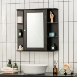 Spiegelschrank Bad 4 Fächer & 6 offene Ablagen Badezimmerschrank mit Spiegel 66 x 17 x 63 cm Schwarz/Braun/Grau/Weiß
